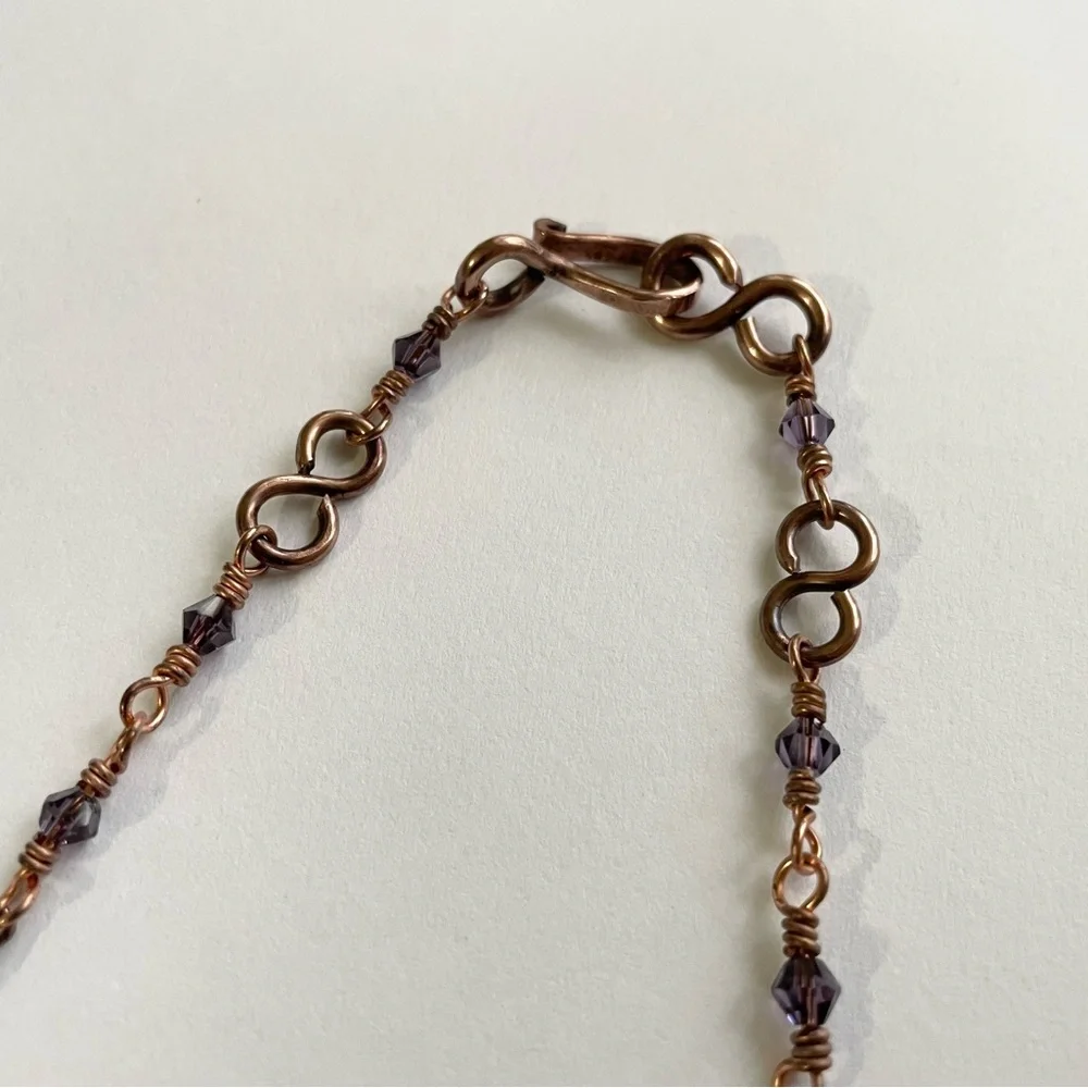 Copper Scroll Necklace Beaded Plum and Lilac‎ Crystals Elegant Rustic Handmade